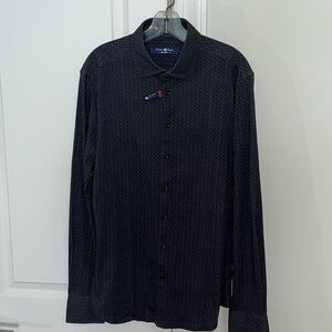New Men's Stone Rose Long Sleeve Knit Shirt M charcoal gray w blue polka dots